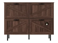 Zapatero en madera oscura con 4 puertas, tiradores y patas negras - ideal para la entrada