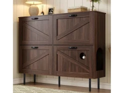 Zapatero en madera oscura con 4 puertas, tiradores y patas negras - ideal para la entrada