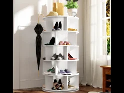 Zapatero esquinero giratorio con 5 estantes - P 60 x H 115 cm - Tablero de partículas - Blanco