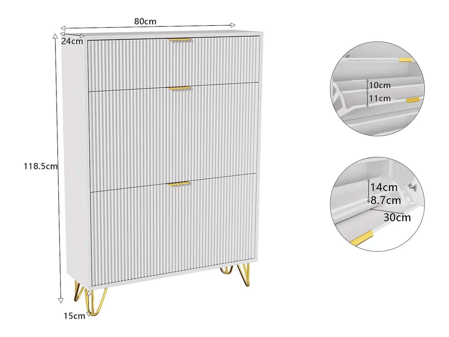 Zapatero estrecho con 3 compartimentos grandes, estante zapatero ajustable, 80 x 24 x 118,5 cm, blanco