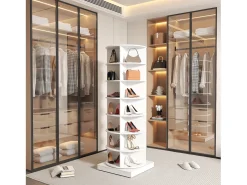 Zapatero giratorio 360° blanco, 7 niveles, capacidad hasta 28 pares, MDF (70,5x30x116 cm)