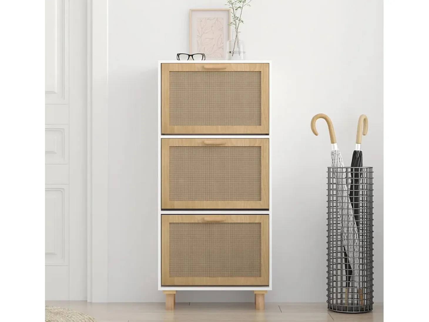 Zapatero madera contrachapada blanco ratán natural 52x25x115 cm ES983371