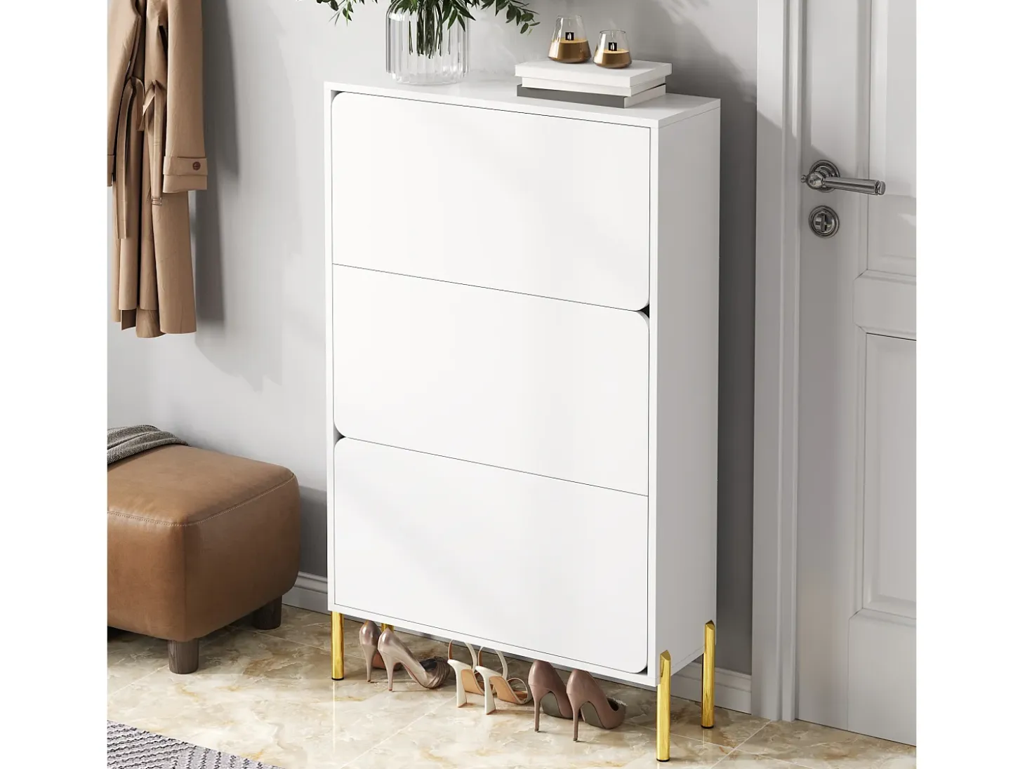 Zapatero minimalista moderno - 73 x 24 x 120 cm - con 3 puertas - patas doradas - MDF - blanco