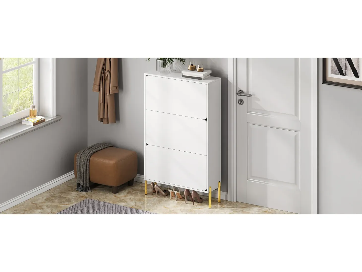 Zapatero minimalista moderno - 73 x 24 x 120 cm - con 3 puertas - patas doradas - MDF - blanco