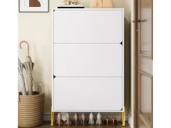 Zapatero minimalista moderno - 73 x 24 x 120 cm - con 3 puertas - patas doradas - MDF - blanco
