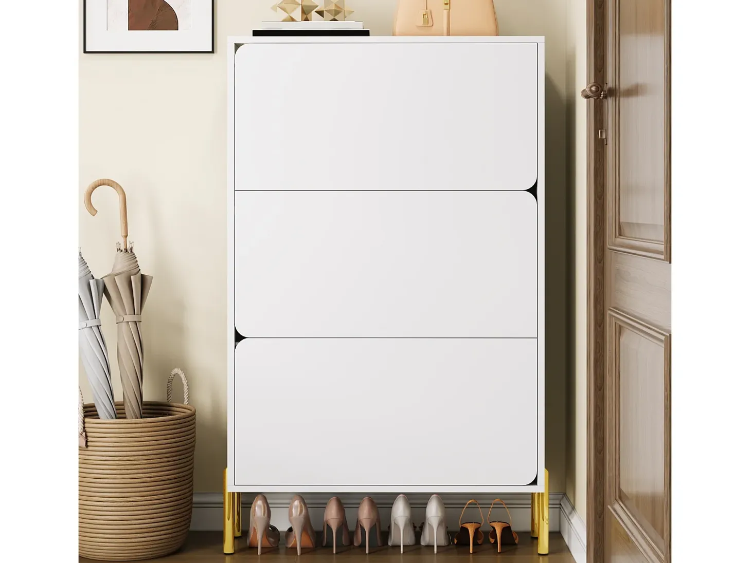 Zapatero minimalista moderno - 73 x 24 x 120 cm - con 3 puertas - patas doradas - MDF - blanco
