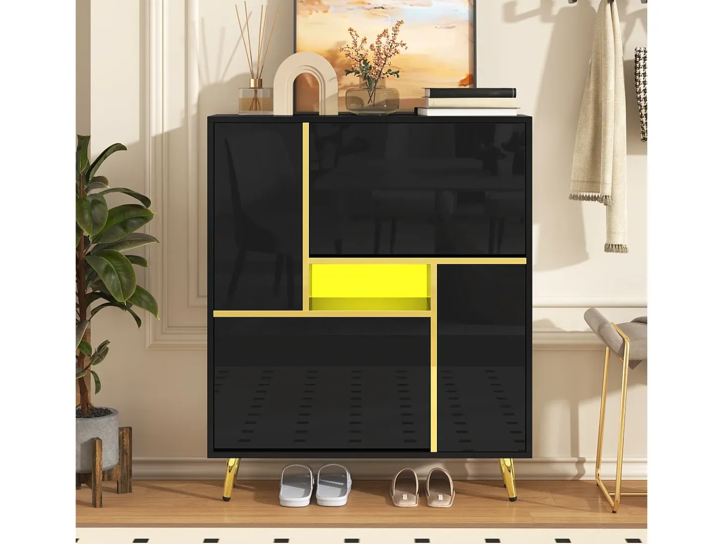 Zapatero moderno con puerta de alto brillo y LED multicolor, negro (80x25x96 cm)