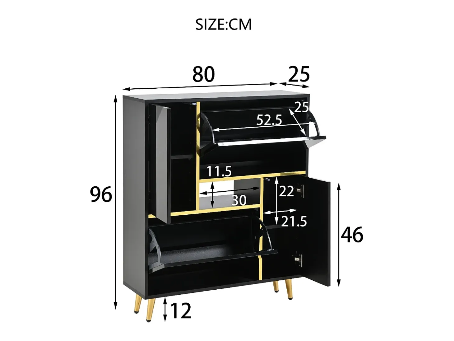 Zapatero moderno con puerta de alto brillo y LED multicolor, negro (80x25x96 cm)