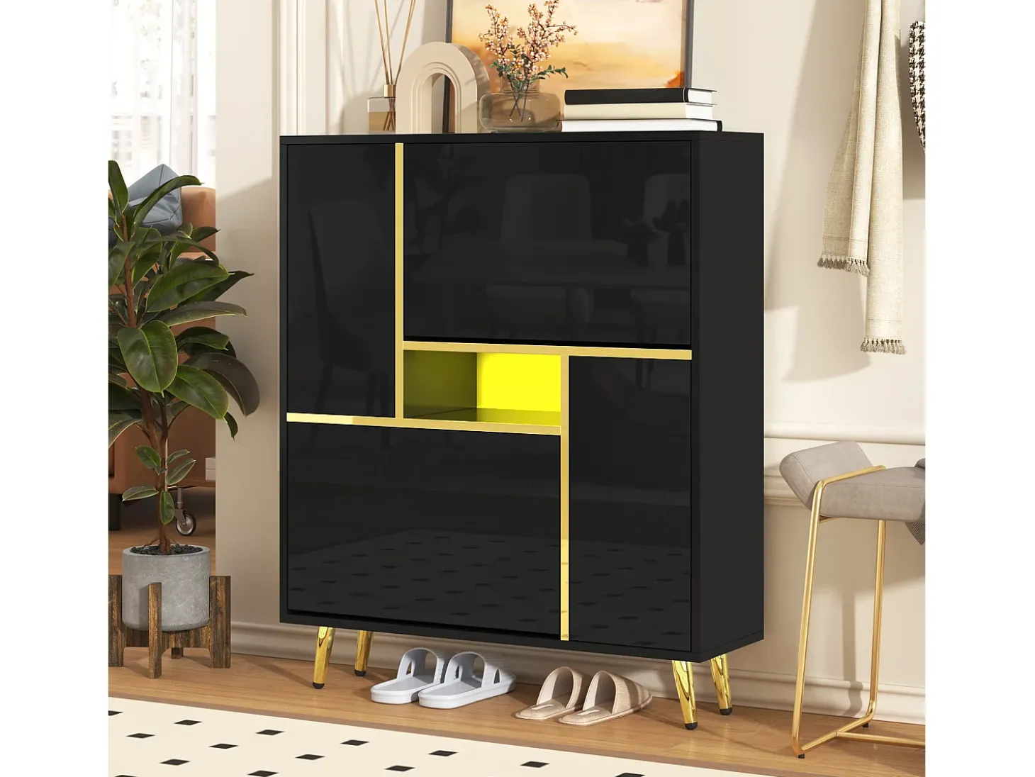 Zapatero moderno con puerta de alto brillo y LED multicolor, negro (80x25x96 cm)