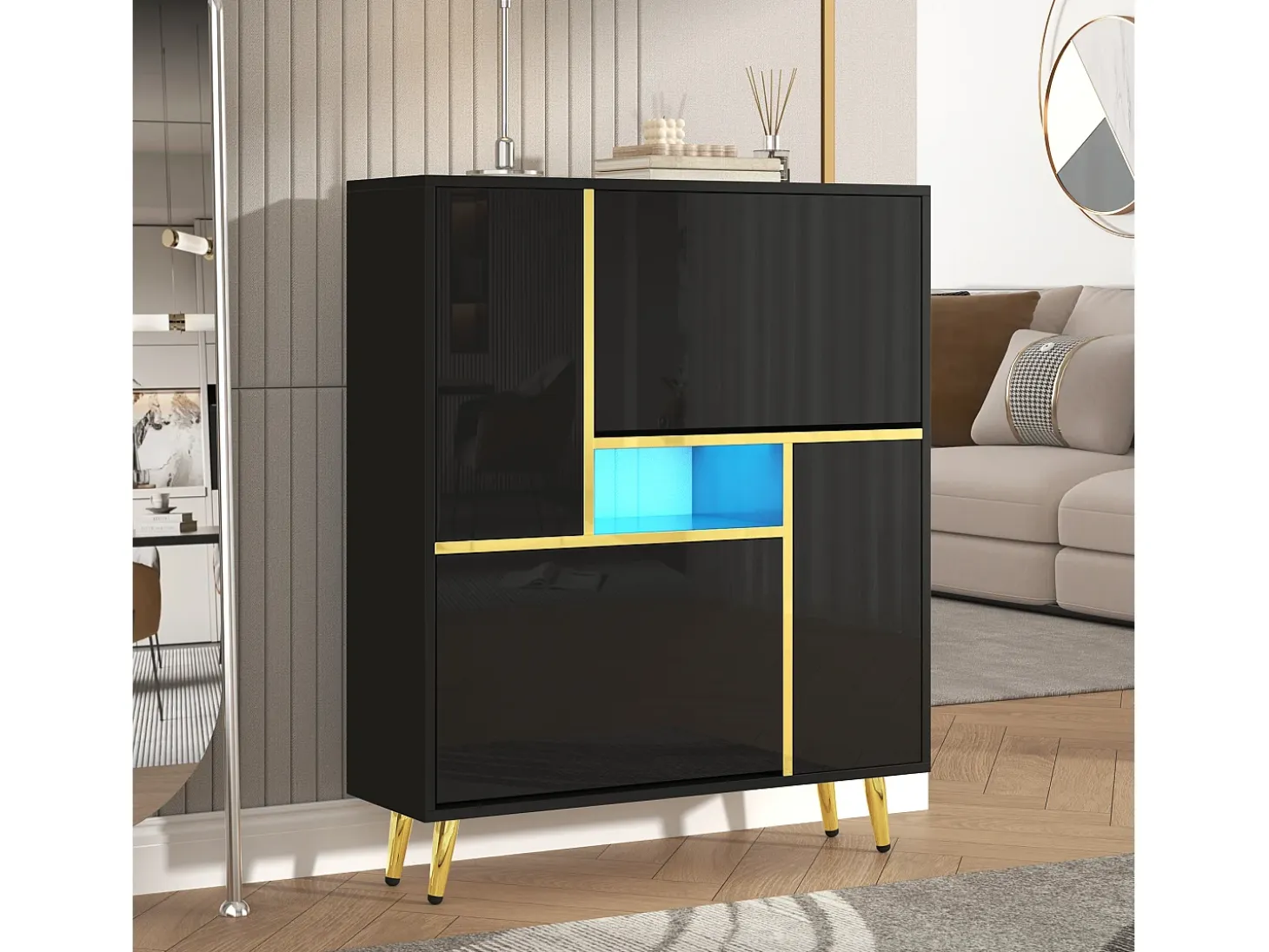 Zapatero moderno con puerta de alto brillo y LED multicolor, negro (80x25x96 cm)