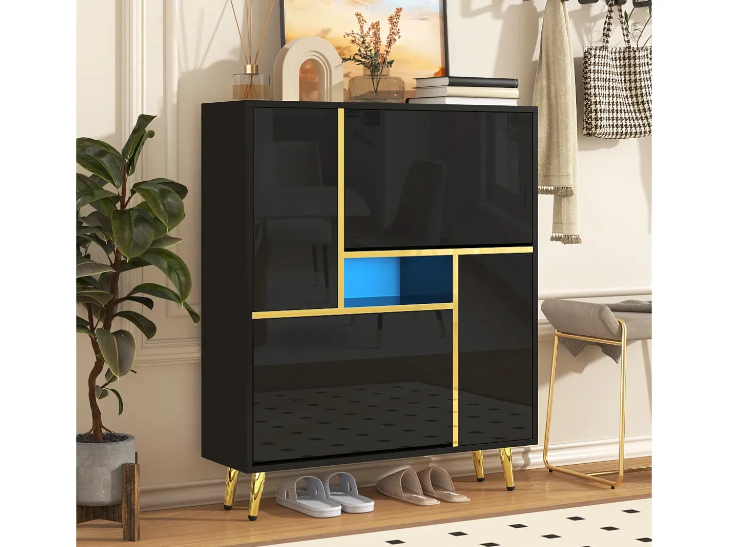 Zapatero moderno con puerta de alto brillo y LED multicolor, negro (80x25x96 cm)