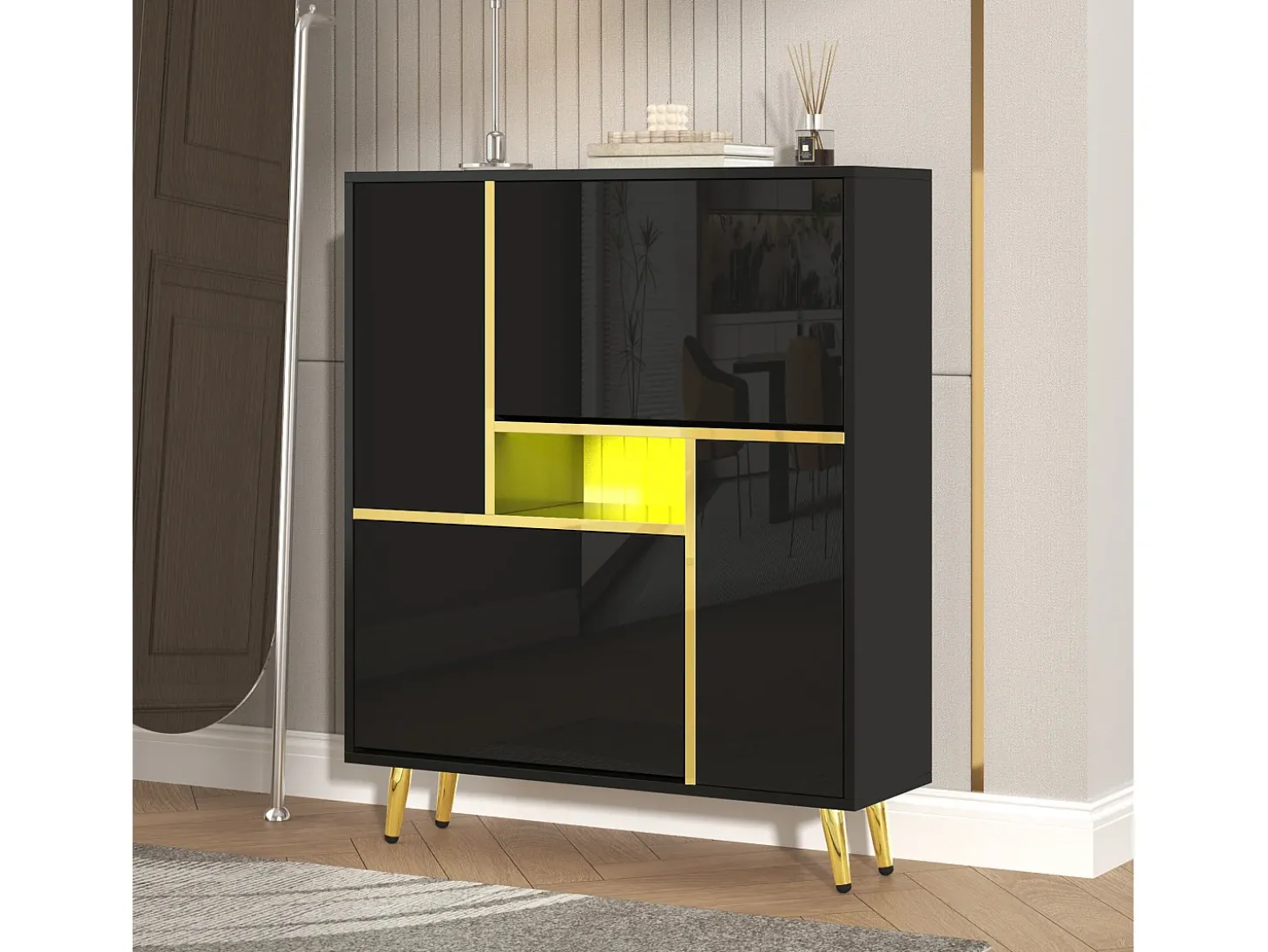 Zapatero moderno con puerta de alto brillo y LED multicolor, negro (80x25x96 cm)