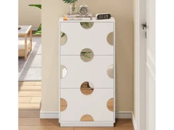 Zapatero moderno y único - 63 x 24 x 120 cm - con 3 puertas + espejo redondo - MDF - blanco