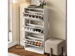 Zapatero moderno y único - 63 x 24 x 120 cm - con 3 puertas + espejo redondo - MDF - blanco