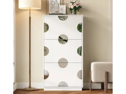 Zapatero moderno y único - 63 x 24 x 120 cm - con 3 puertas + espejo redondo - MDF - blanco