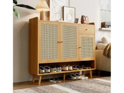 Zapatero natural con 3 puertas de ratán y 1 cajón, tirador de metal 120x35x106cm
