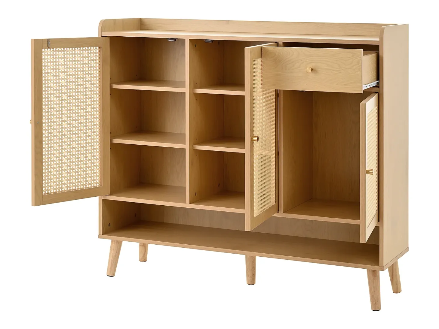 Zapatero natural con 3 puertas de ratán y 1 cajón, tirador de metal 120x35x106cm