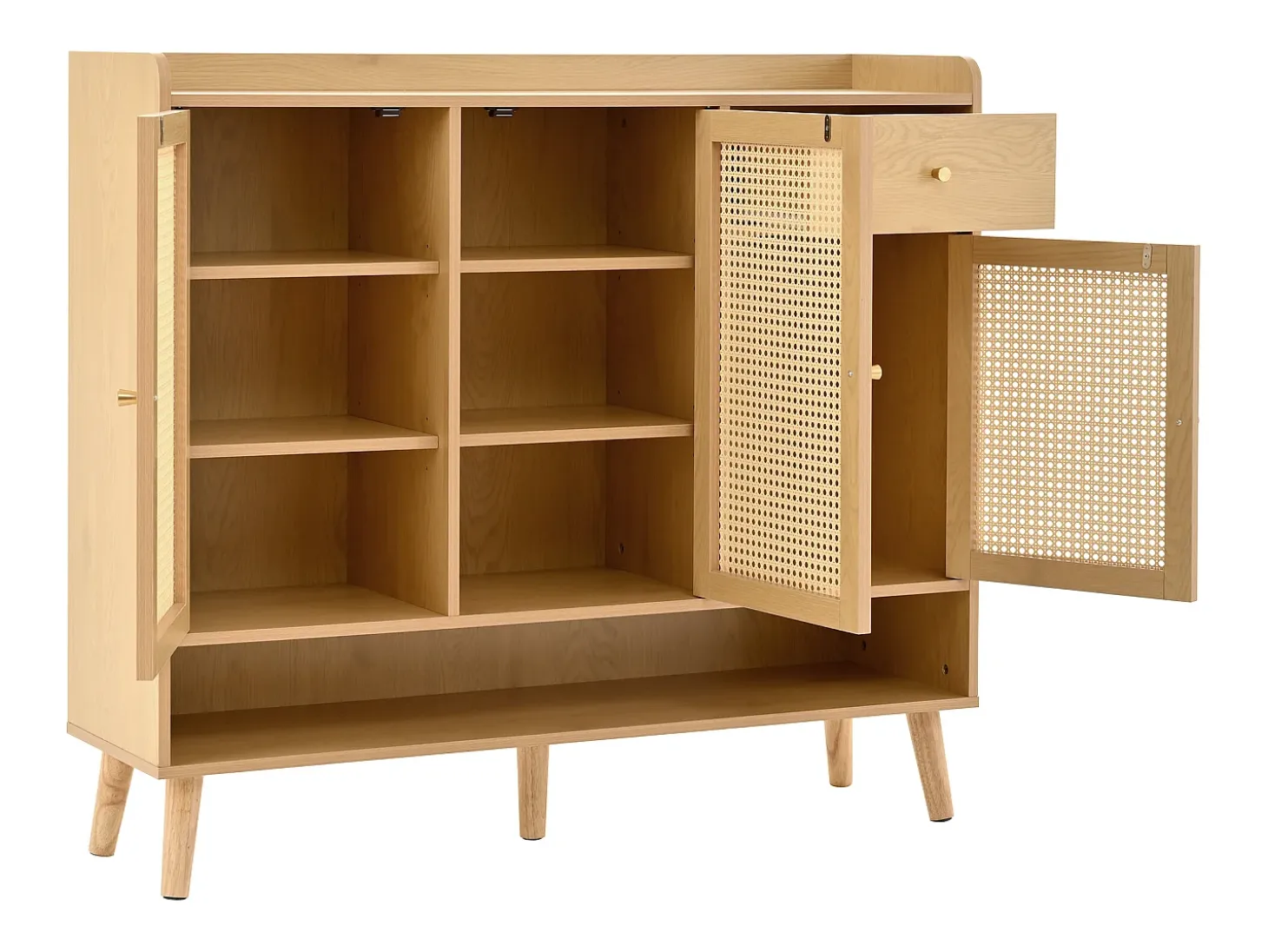 Zapatero natural con 3 puertas de ratán y 1 cajón, tirador de metal 120x35x106cm