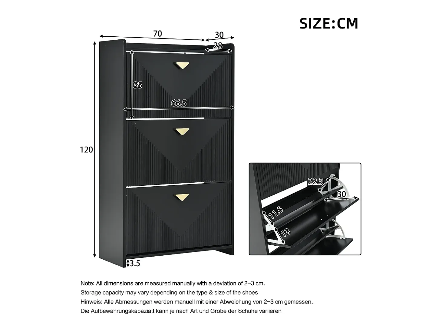 Zapatero negro con 3 puertas abatibles y 6 compartimentos