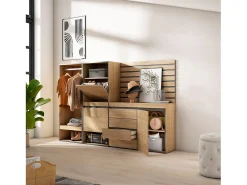Zapatero, 227x35x145cm, Dormitorio, habitación, Vestidor abierto, Cómoda, Cajonera, Listones Decorativos, Roble