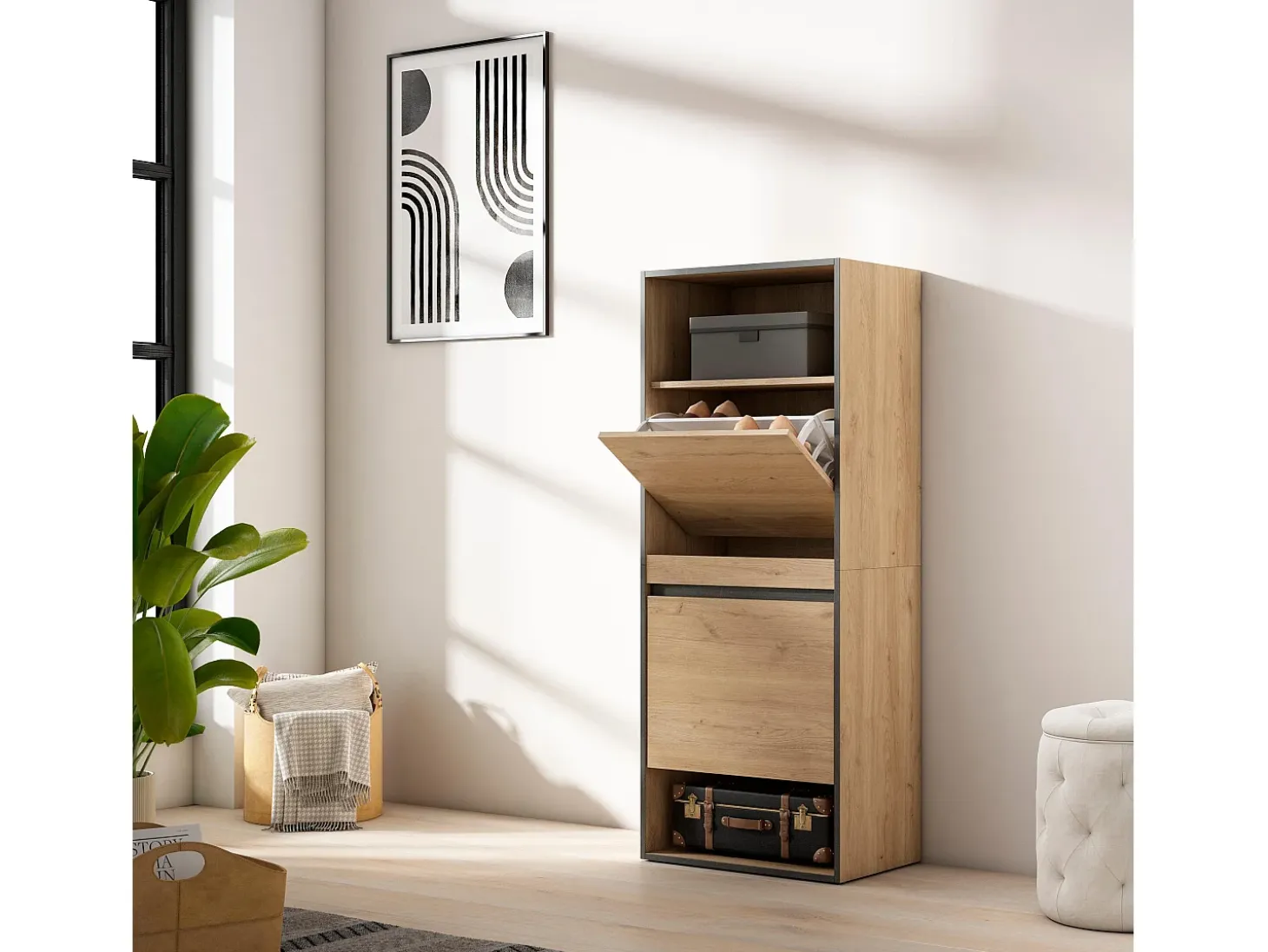 Zapatero, 60x35x145cm, Dormitorio, habitación, Mueble auxiliar, Roble