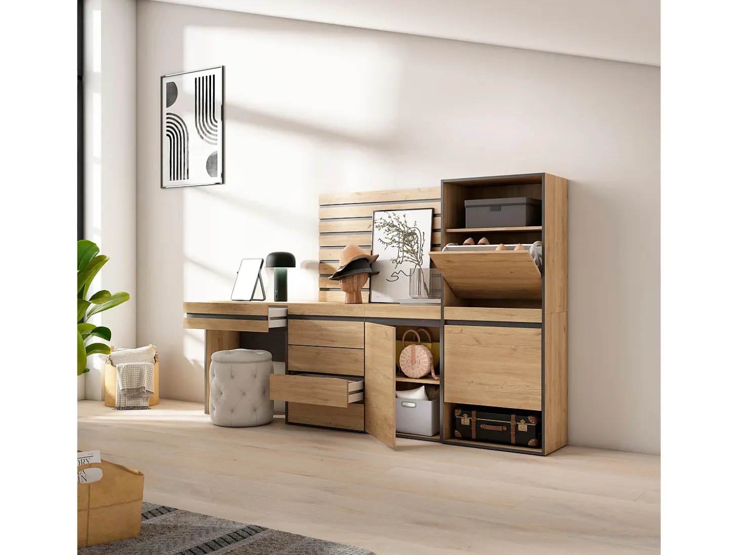 Zapatero, 237x35x145cm, Dormitorio, habitación, Cómoda, Cajonera, Listones Decorativos, Tocador, Roble
